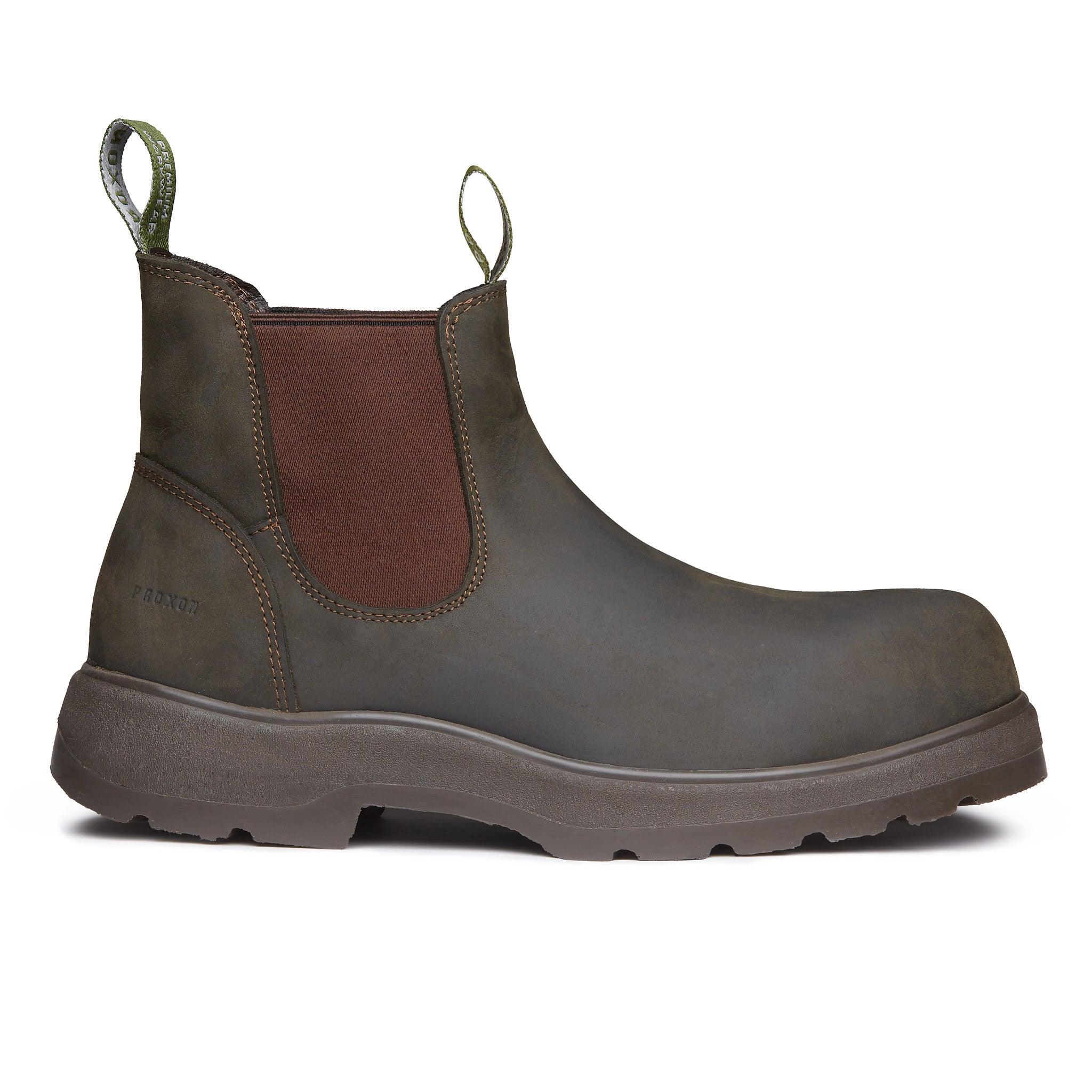COMPOSITE TOE RAINIER BOOT. OLIVE GREEN COLOR. LATERAL VIEW