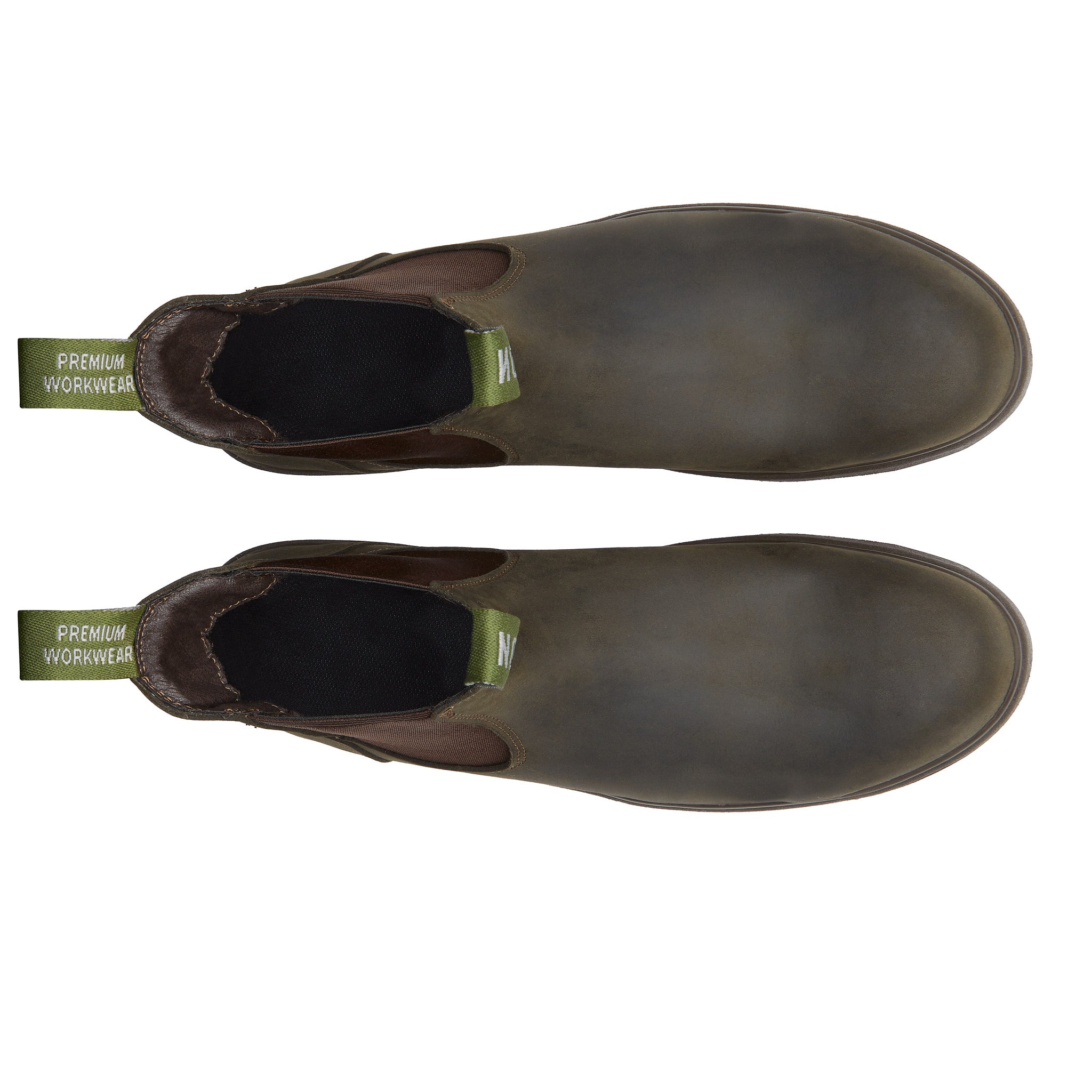SOFT TOE RAINIER BOOT. OLIVE GREEN COLOR. CENITAL VIEW