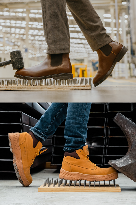 The image is split into two sections, each showcasing a pair of work boots in a different setting and scenario.  On the top, a person is wearing brown chelsea work boots with a slip-on design. They are stepping onto a bed of nails to demonstrate the durability and protective quality of the boots.  On the buttom, another individual is wearing Gold work boots with lace-up fronts and thick, rugged soles. They are stepping onto a shovel, showing the sole's resistance and grip.