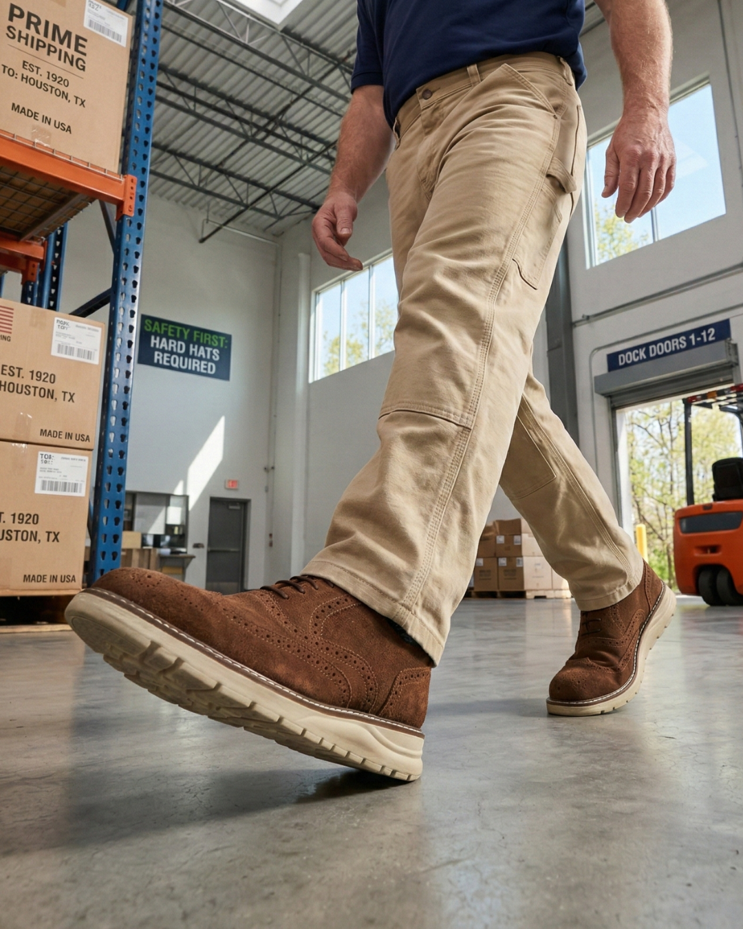 A person walking in a warehouse wearing tan cargo pants and brown work shoes, shown from the waist down with warehouse shelves and a forklift visible in the background.