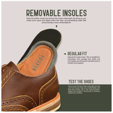 Image shows a brown leather shoe with a removable insole. Text explains how to create extra space and depth by removing the insole for wider feet, or keep both insoles for a regular fit