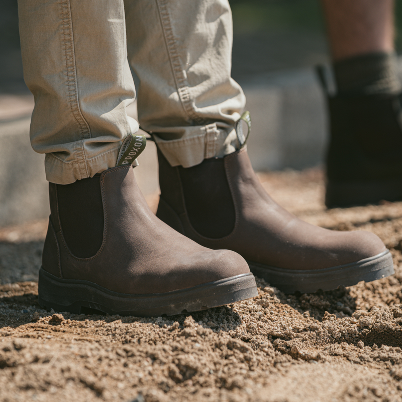 Close shot of a man wearing the Soft Toe Rainier Boots Tobacco, pants at an outdoor setting.