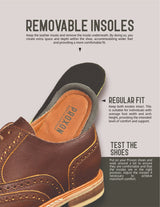 Image shows a brown leather shoe with a removable insole. Text explains how to create extra space and depth by removing the insole for wider feet, or keep both insoles for a regular fit