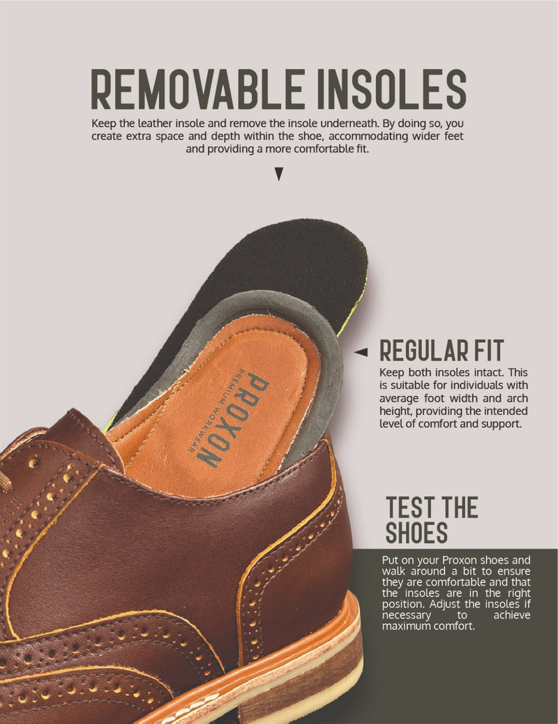 Image shows a brown leather shoe with a removable insole. Text explains how to create extra space and depth by removing the insole for wider feet, or keep both insoles for a regular fit