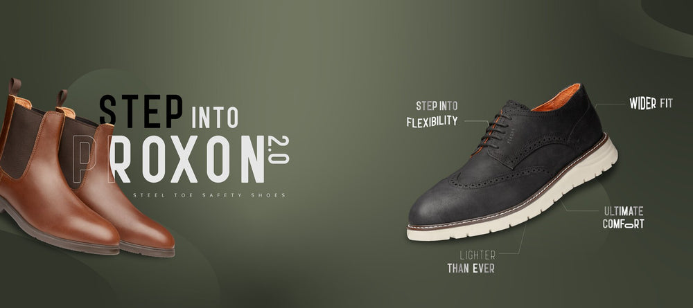 Proxon 2.0. Advertisement featuring a pair of chelsea boots and a pair of oxford shoes. Text highlights features like wider fit, flexibility, and ultimate comfort. Banner web