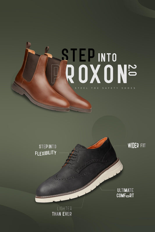 Proxon 2.0. Advertisement featuring a pair of chelsea boots and a pair of oxford shoes. Text highlights features like wider fit, flexibility, and ultimate comfort. Banner mobil